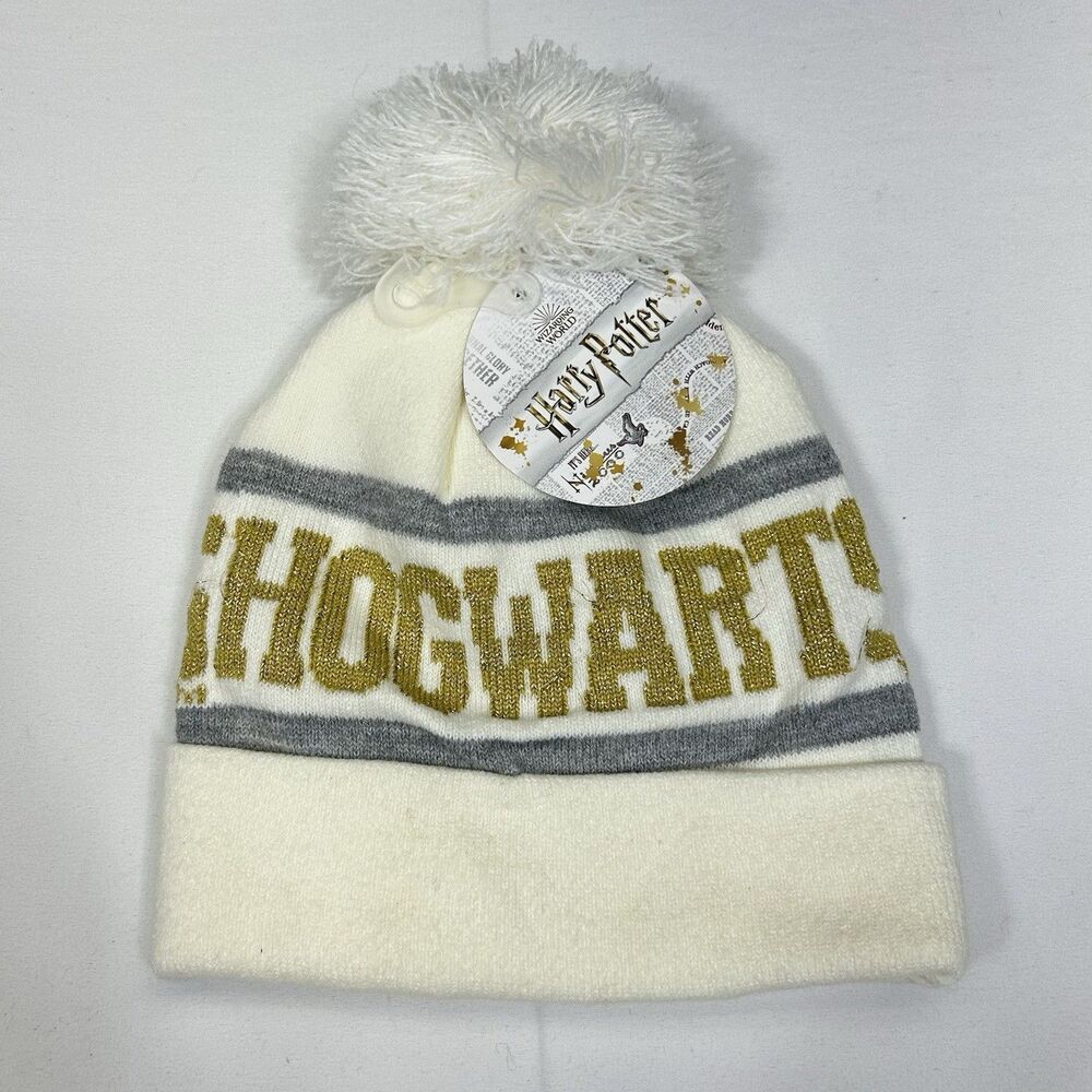 Hogwarts Harry Potter Pompom Ivory Gold Beanie Hat Youth OSFM NWT